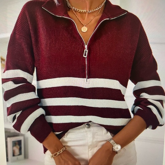 Gorgeous Burgundy and White Striped 3/4 Zip Sweater - Picture 4 of 5